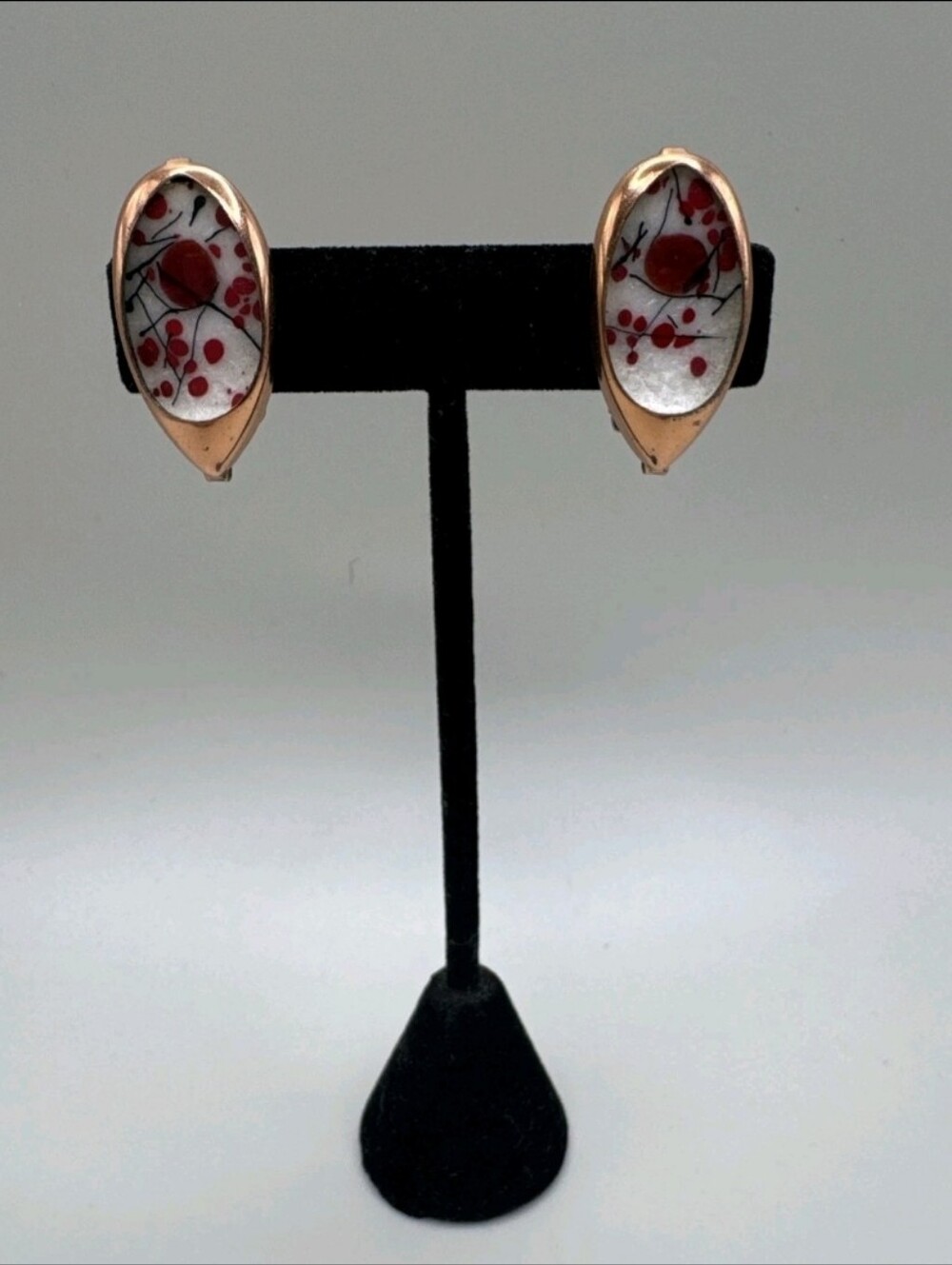 VINTAGE MATISSE RENOIR EARRINGS CLIP ON ENAMEL RED WHITE SIGNED COPPER 1 1/4"